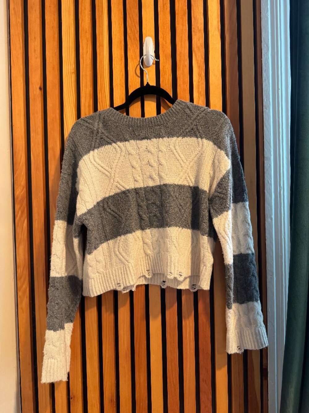 Pink Rose Striped Distressed Cable Knit Cropped Sweater - Size Small